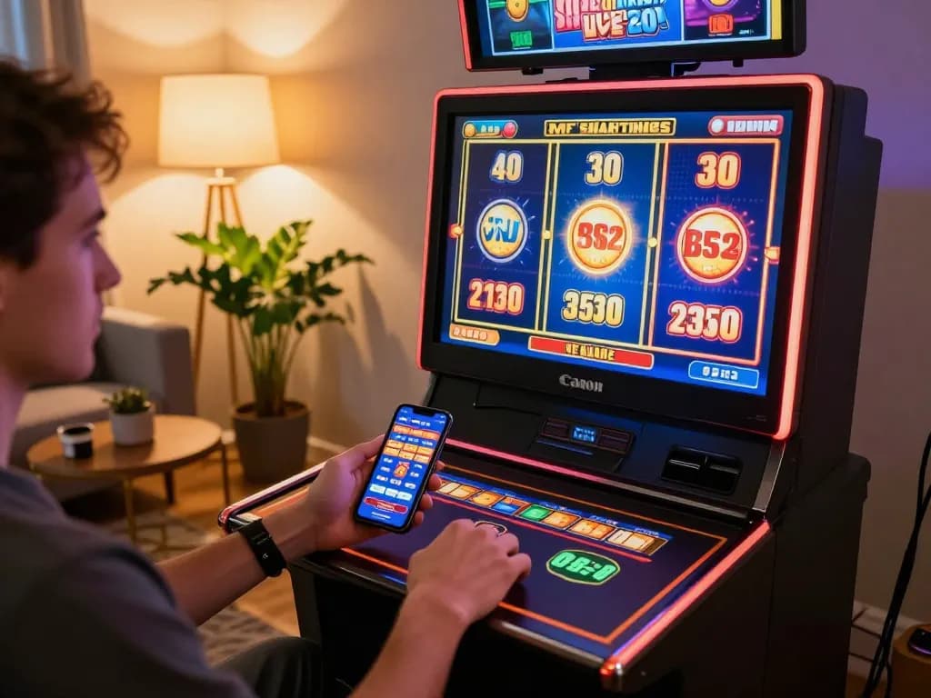 B52club player enjoying slots at home with smartphone gaming interface displayed prominently.