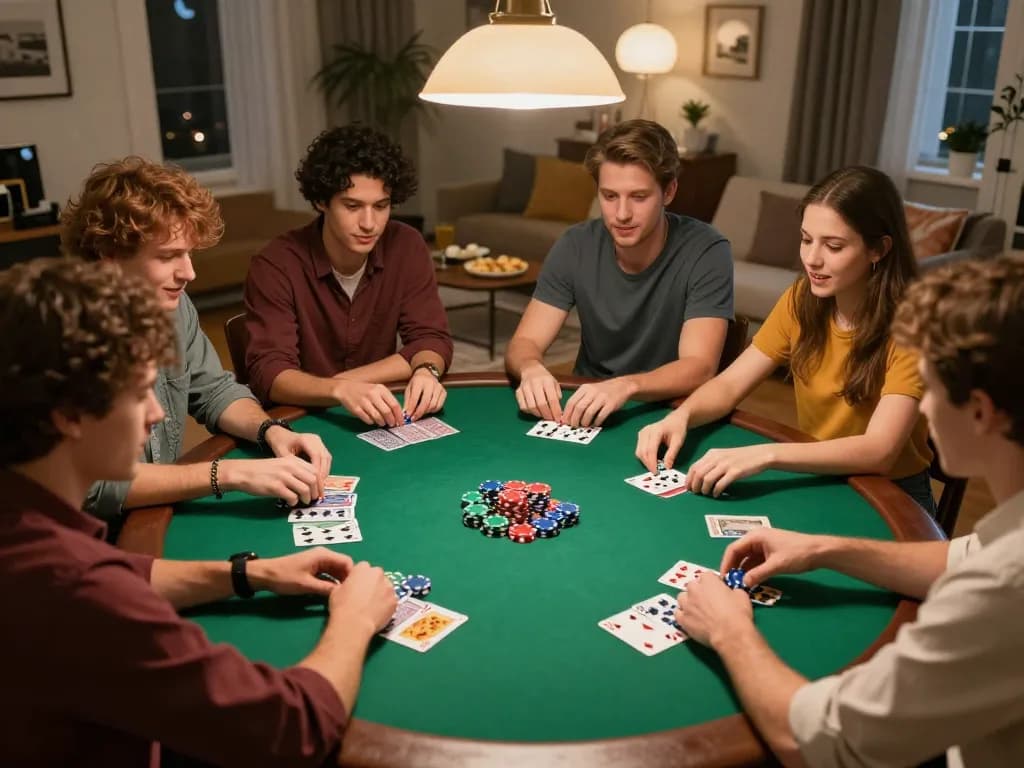 Kong 88 poker players strategizing at a lively home game night.