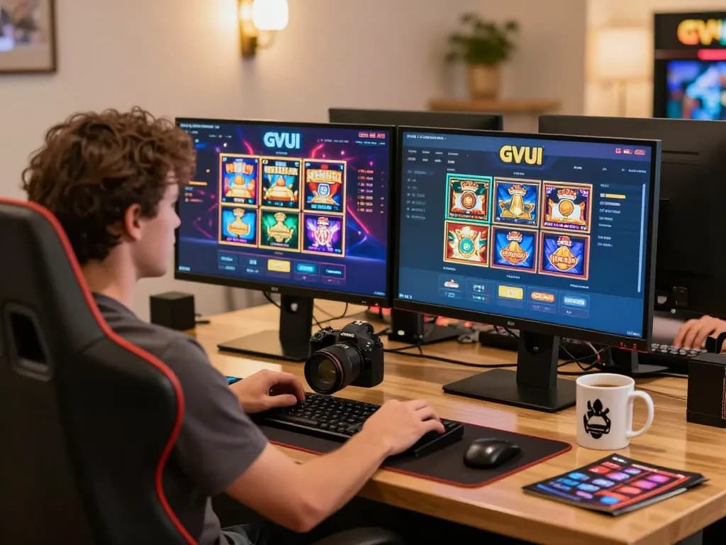 Engaged player exploring GVUI online casino slots with multiple screens and strategy materials.