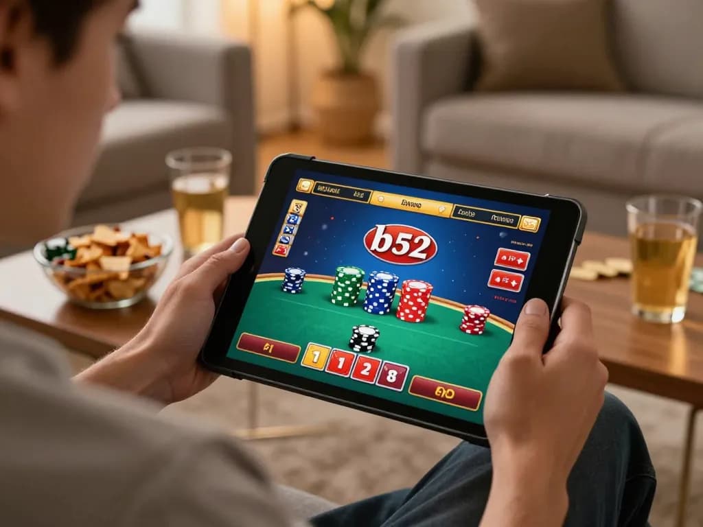 Engaged user playing b52 online casino game on tablet in cozy home setting.