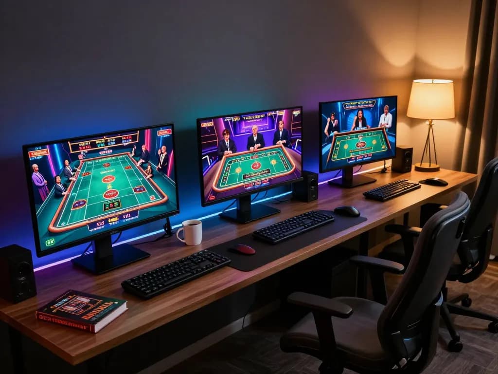 Engaged player at home enjoying top game bài đổi thưởng on multiple screens, showcasing dynamic gaming setup.