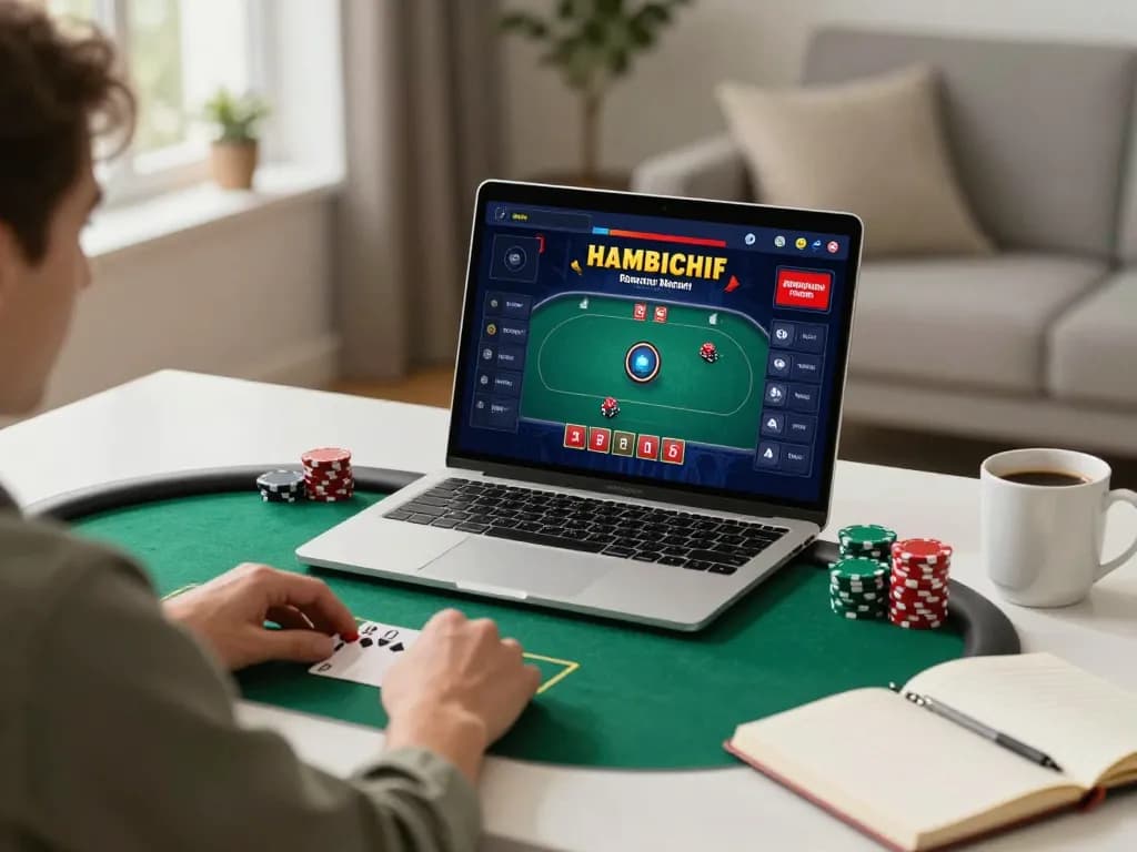 Player engaging in MM88 online poker game on laptop, showcasing strategic gameplay in cozy home environment.