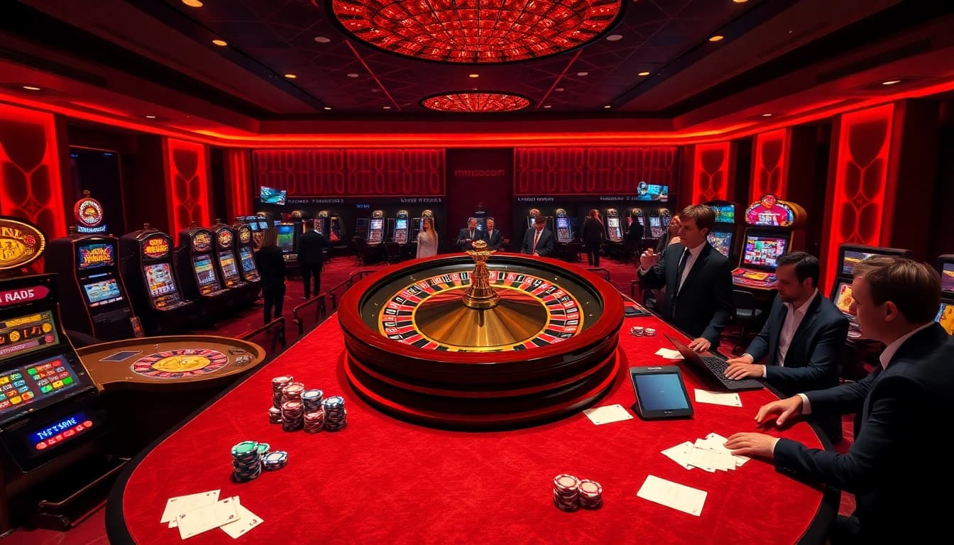 Engaging casino scene showcasing mmoocom features with roulette, cards, and vibrant players.