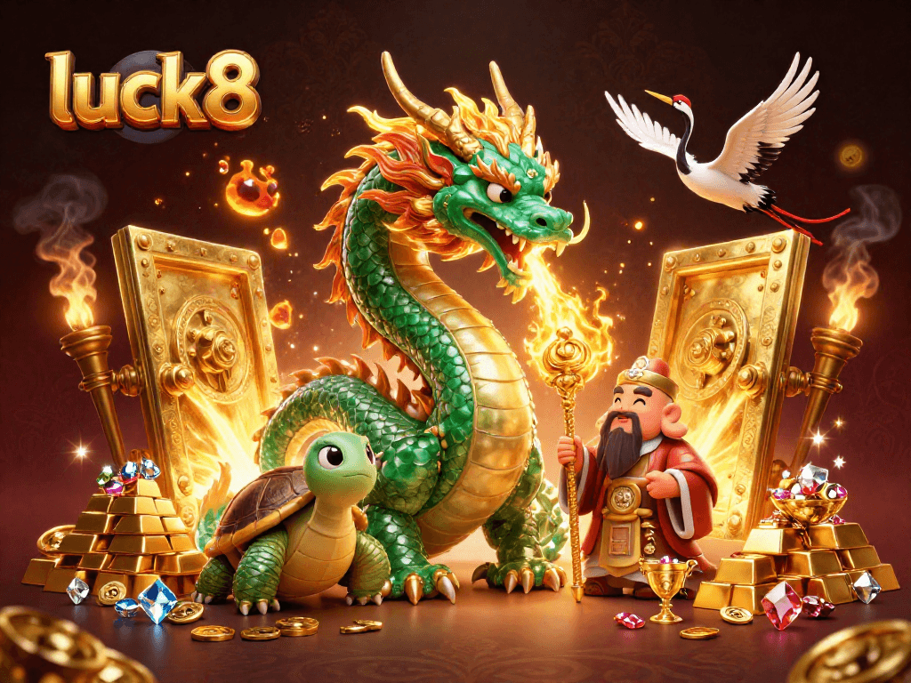 Experience thrilling winnings with luck8 amidst a dazzling casino atmosphere featuring an emerald dragon.