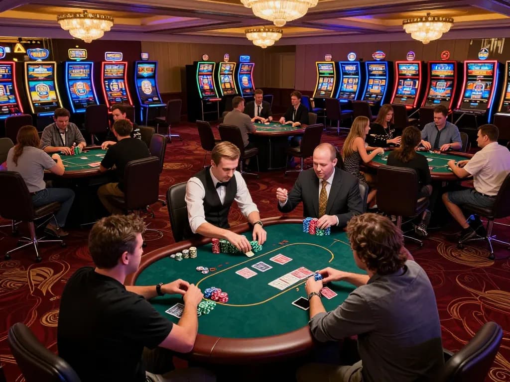 Players enjoying a thrilling poker game at a bustling casino floor, showcasing the excitement of nk 88 gameplay.