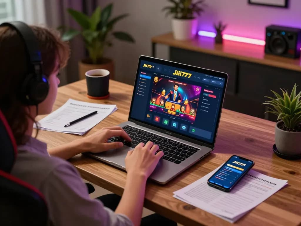 Engaging in online casino gameplay at Jili777 with a laptop and mobile app in a cozy setting.