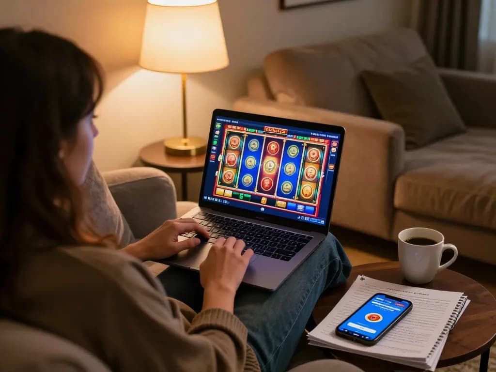 Engaging in tic 88 online gaming with laptop and colorful slots interface in cozy home