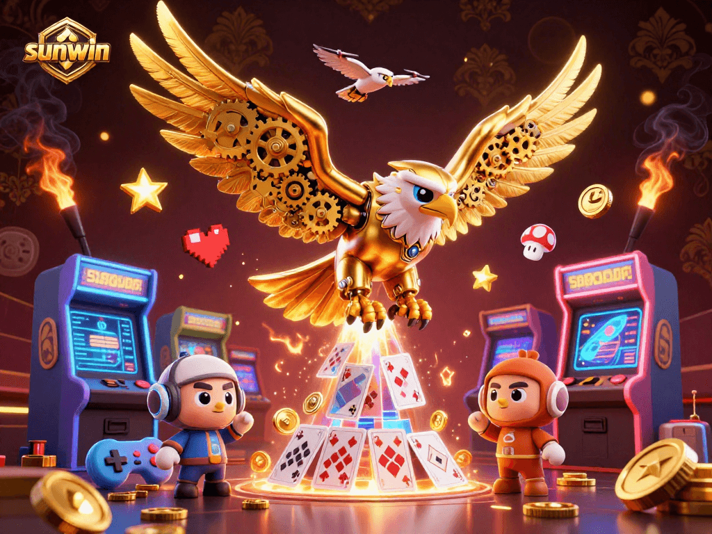 Engaging sunwin gaming illustration featuring a golden eagle and arcade elements amidst vibrant casino decor.