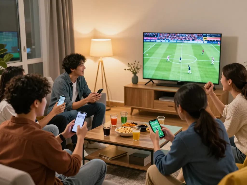 Friends engaging in sports betting on Cakhia while enjoying a live football match at home.