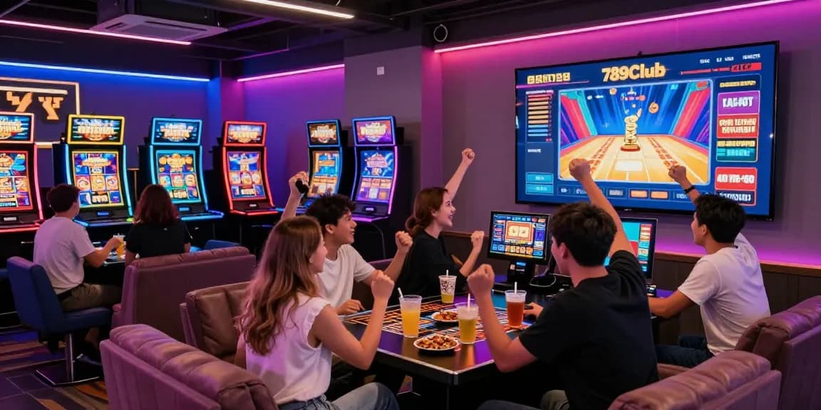 Friends enjoying games at 789Club's vibrant gaming lounge with neon lights.