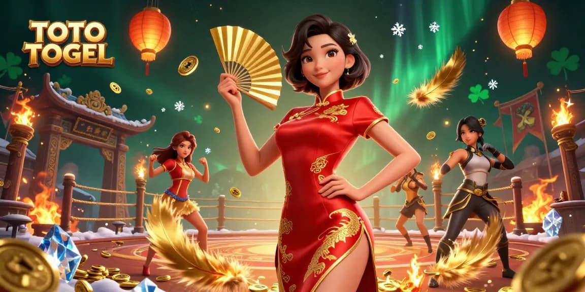 Engage in TOTO TOGEL excitement with radiant characters amidst floating lanterns and golden coins.