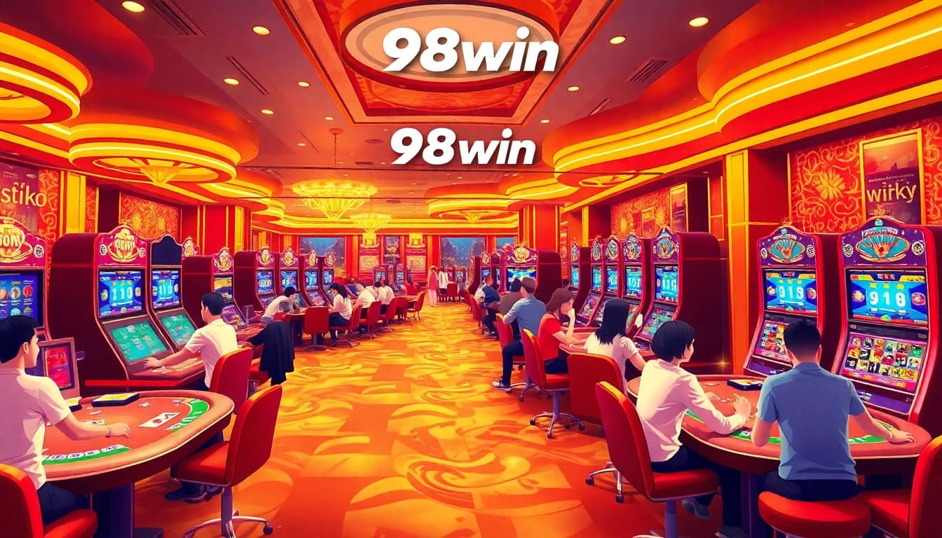 Engaging scene of 98win online casino with players enjoying poker and slots