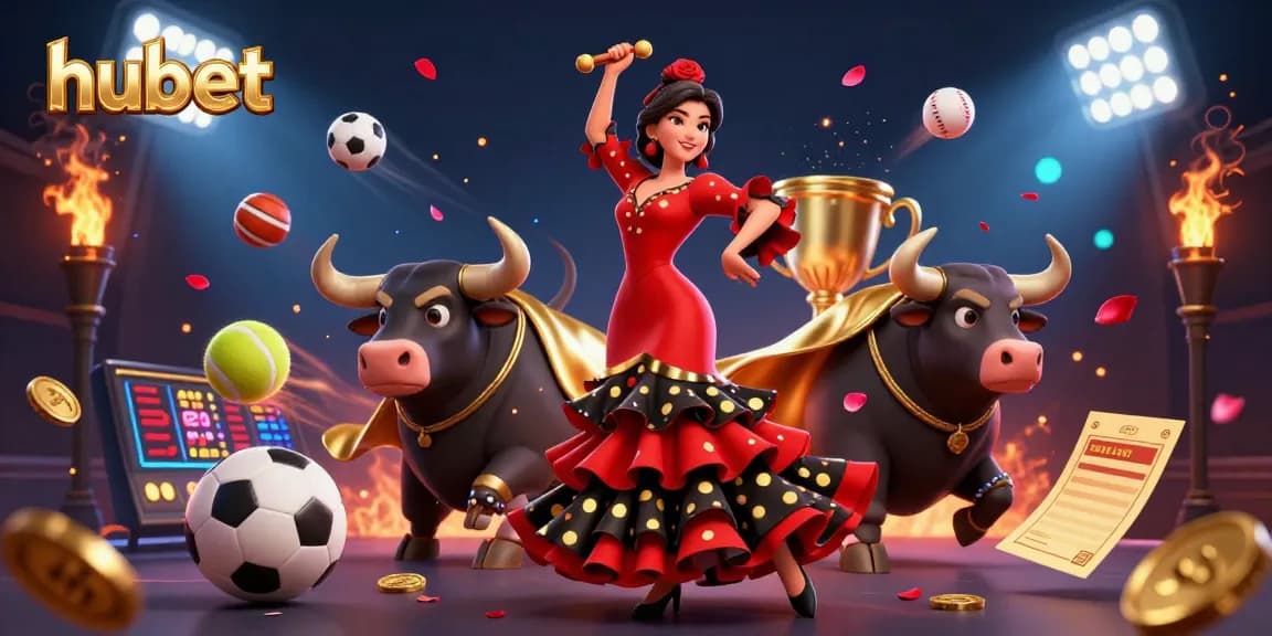 Experience hubet betting excitement with a dynamic 3D scene of sports elements and vibrant characters.