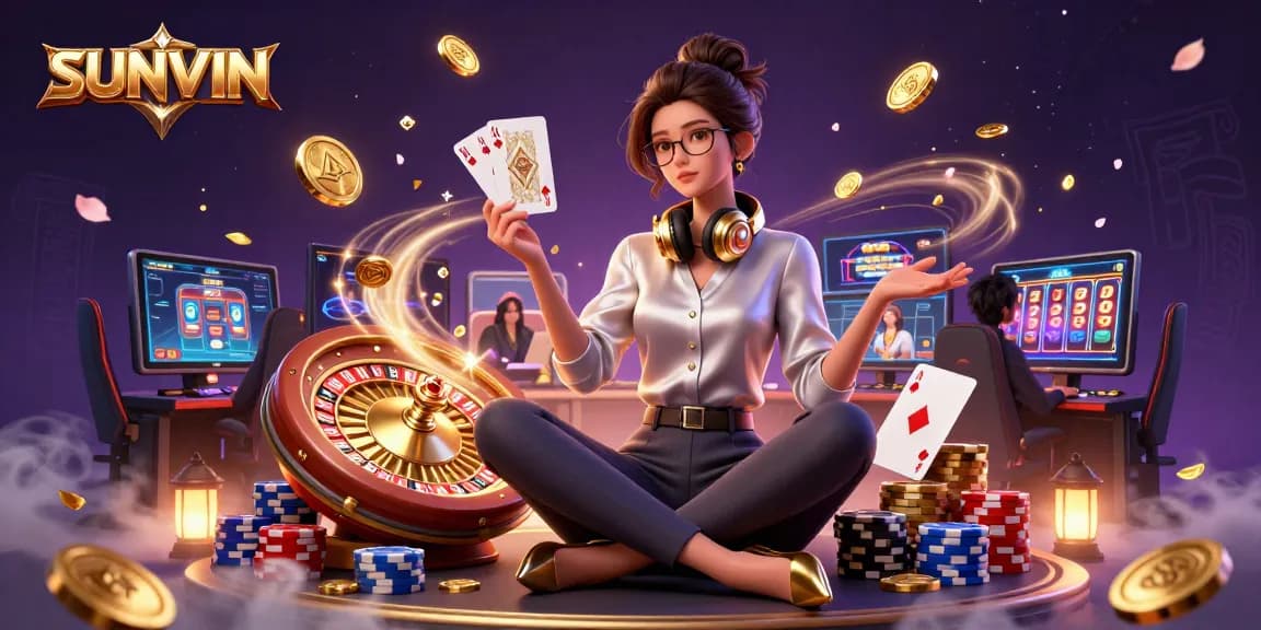 Engaging illustration of SUNVIN showcasing a professional Asian woman at a high-tech casino gaming setup.