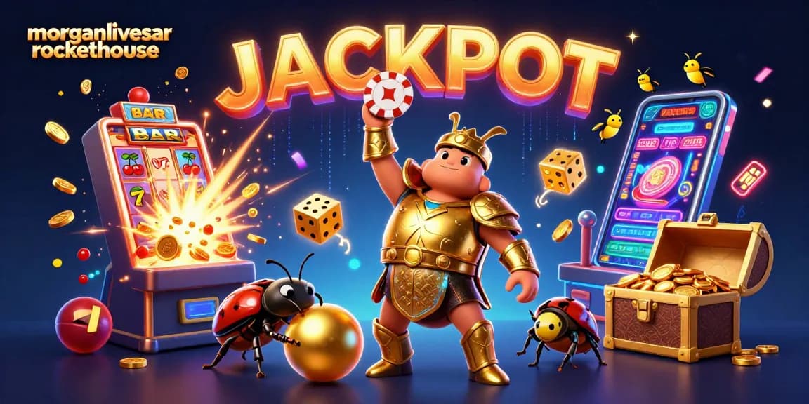 Experience the excitement with morganlivesinarockethouse and a victorious beetle in a vibrant casino scene.