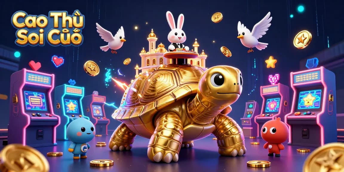 Cao Thủ Soi Cầu showcases a vibrant casino scene with a tortoise and rabbit dealer amidst a joyful atmosphere.