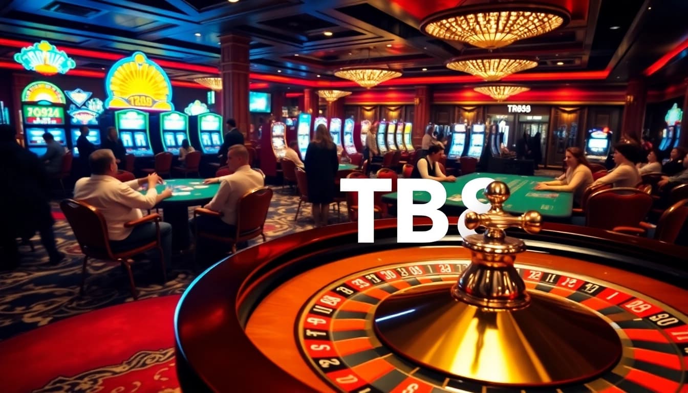 Players enjoy high-stakes gaming at TR88 casino, with roulette table and vibrant slot machines.