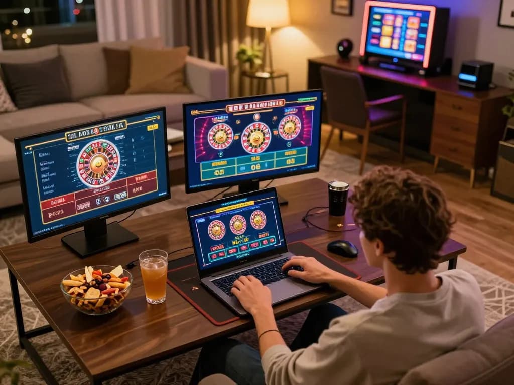 Engaging in online gaming at a luxurious setup while exploring cổng game 79club offerings, featuring various interactive casino games.
