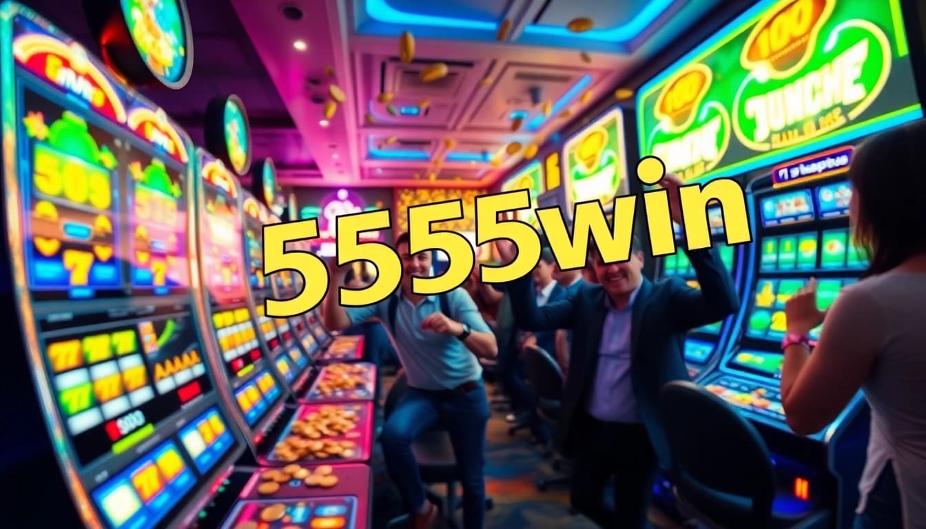 Experience the excitement of 555win with vibrant slot machines and joyful players celebrating their wins.