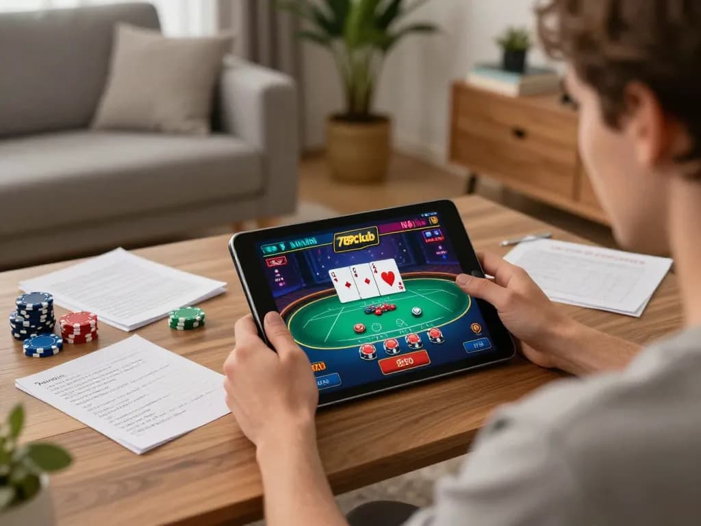 Engaging in online poker at 789club with strategic notes and tablet gameplay in cozy home setting.