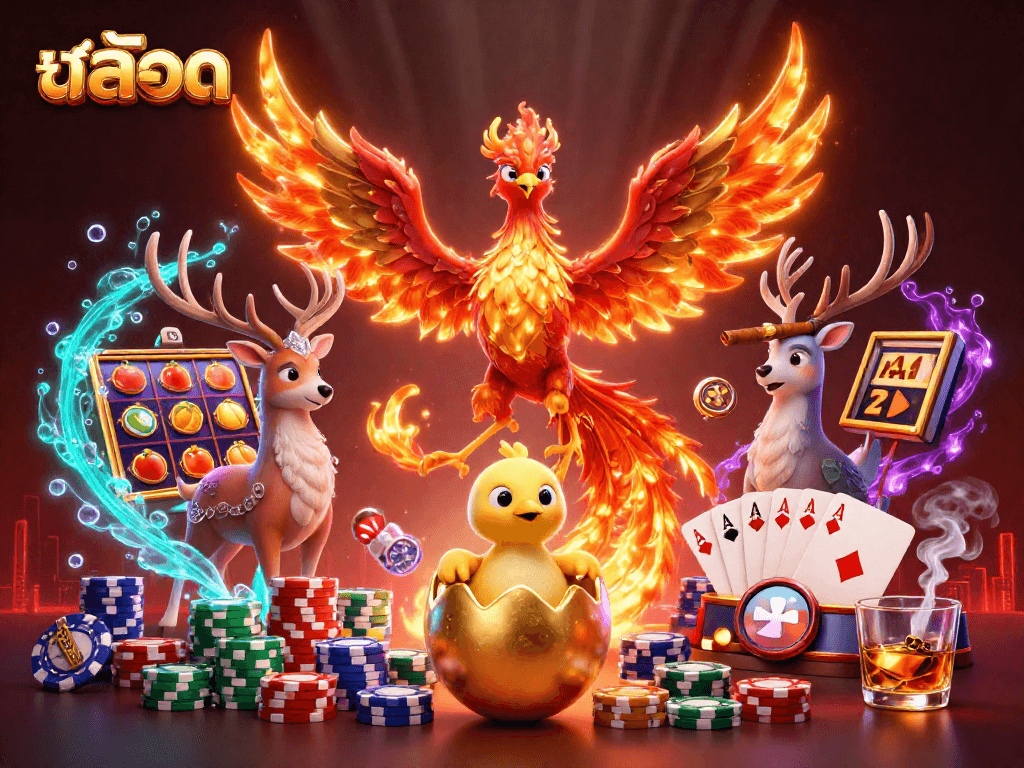 Experience thrilling สล็อต gameplay with vibrant slot reels and dynamic casino elements in this 3D illustration.
