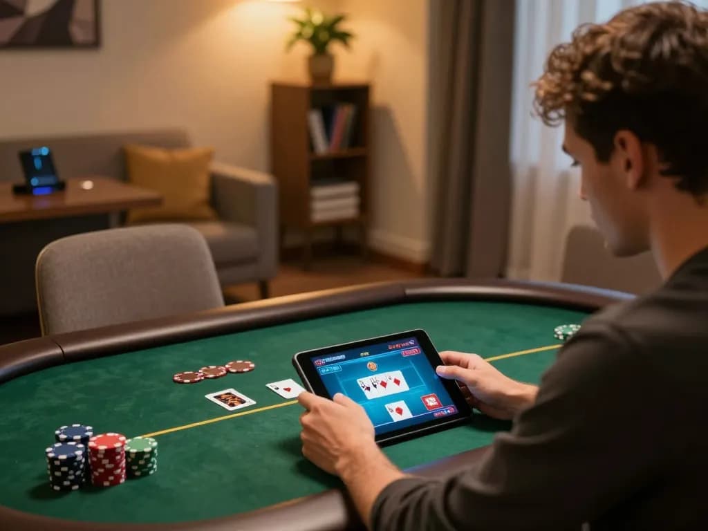 Luck8 win poker scene on a tablet in a cozy home setting, showcasing responsible gaming.