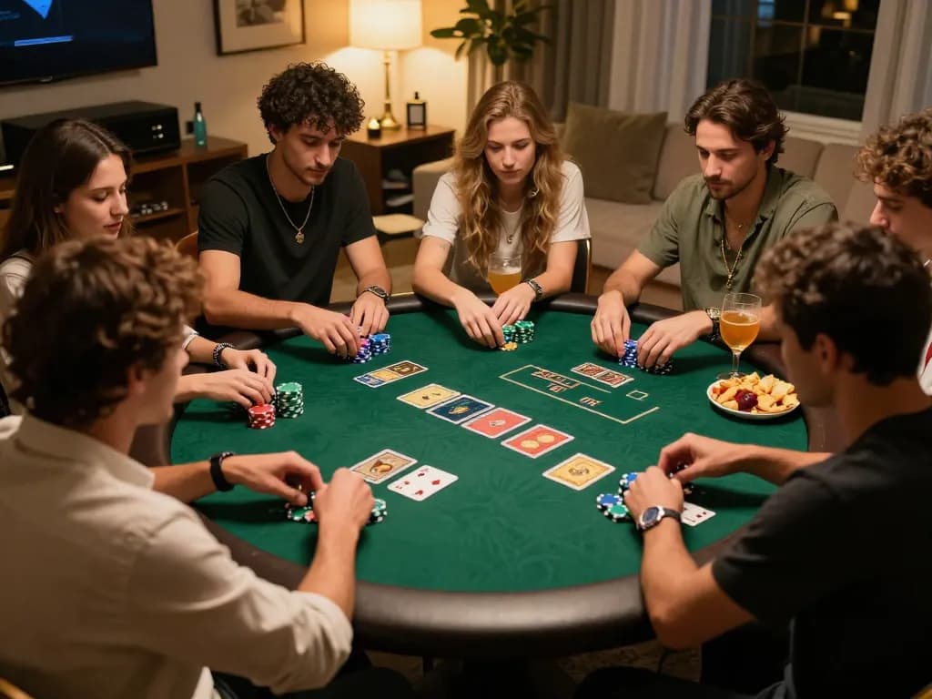 Friends enjoying a spirited poker night at home, enhancing excitement with 8K8 gaming strategies.