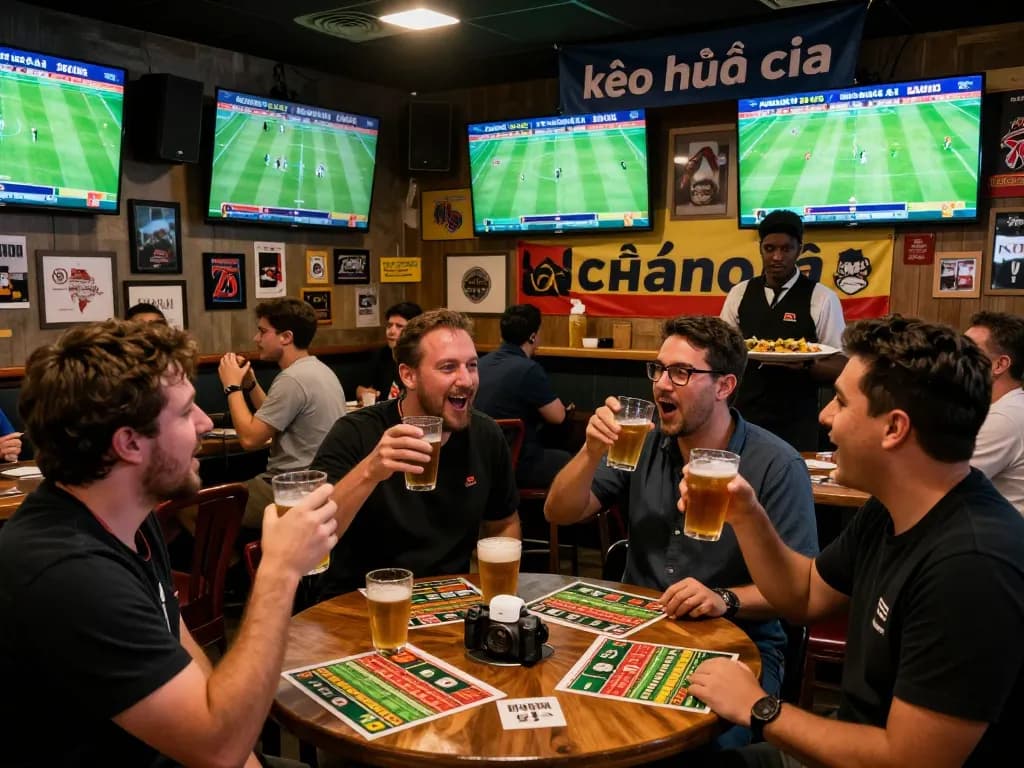 Engaged fans celebrating successful kèo nhà cái bets in a lively sports bar atmosphere.