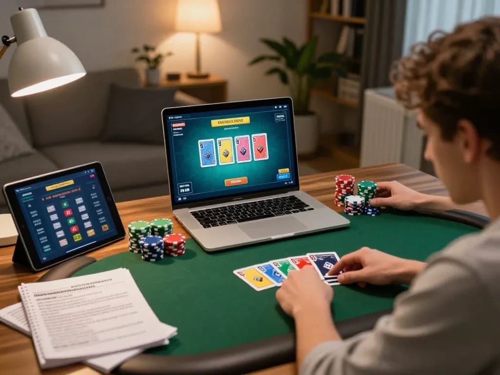 Engaged player at home using 98wincom for online poker, with cards and notes surrounding