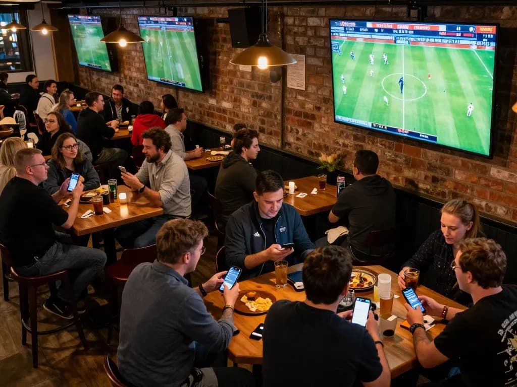 Xoilac sports betting gathering with fans analyzing games and placing bets in an urban bar scene.
