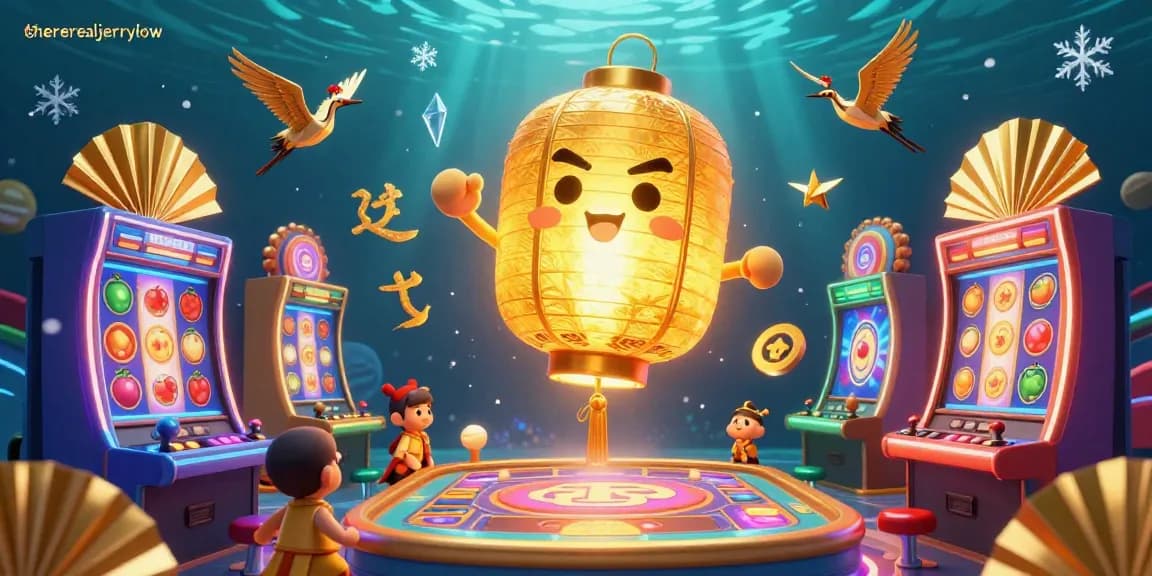 Spin slots with therealjerrylow in a vibrant casino scene showcasing golden lantern spirit and lively game elements.
