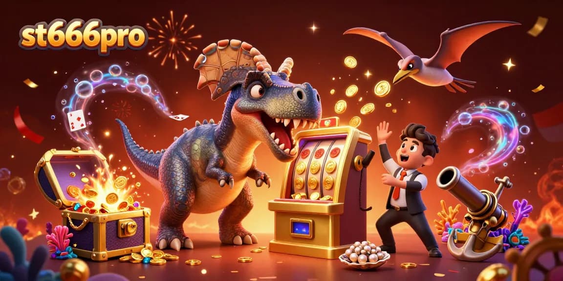 3D pachycephalosaurus headbutting a jackpot slot machine at st666pro, surrounded by animated coins and casino elements.