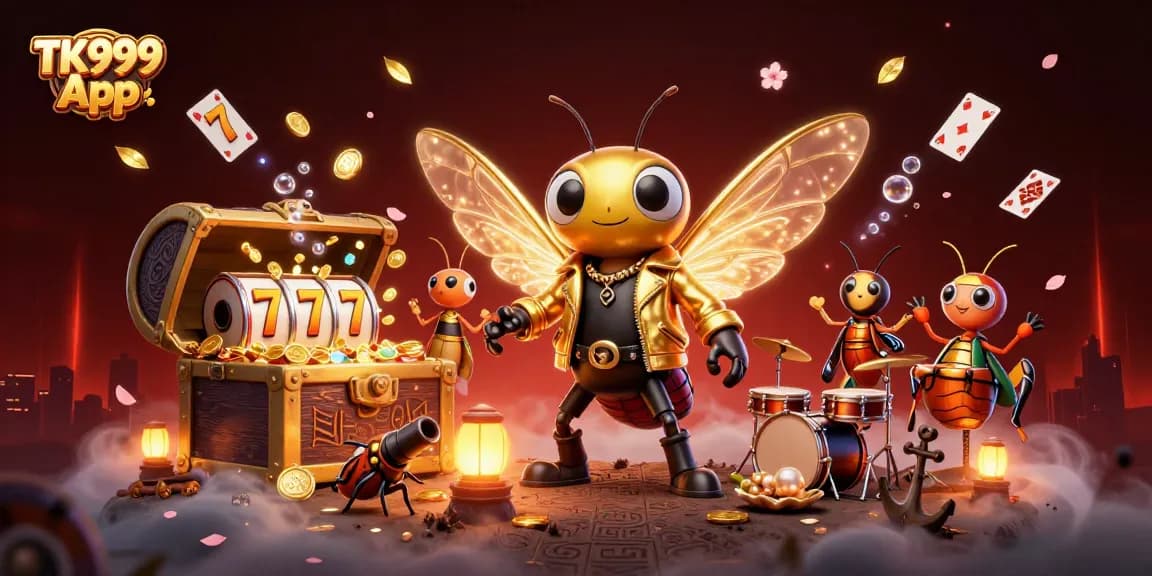 Experience winning dynamics with TK999 App in this vibrant casino scene featuring animated characters and games.