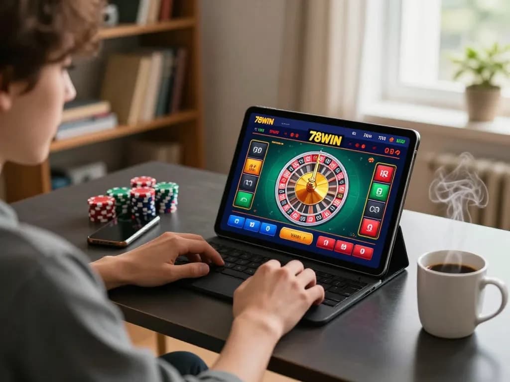 Engaging online gaming scene showcasing 78WIN casino gameplay on a tablet with a cozy home atmosphere.