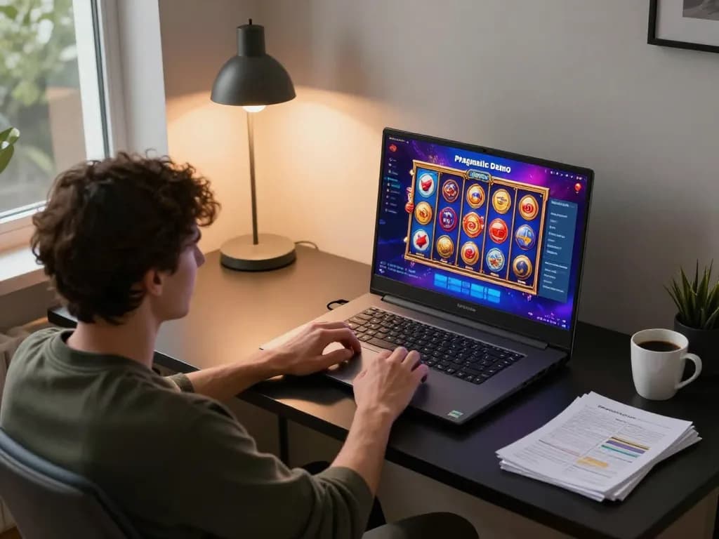 Engaging with a Pragmatic Demo slot game at home, showcasing colorful graphics and strategic play