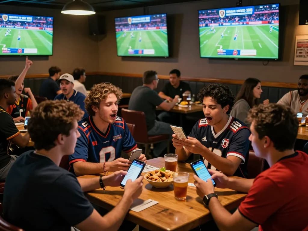 Excited fans engaging in sports betting during World Cup 2026 at a lively sports bar, cheering together.