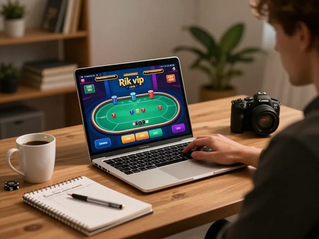Engaged player enjoying rik vip poker game on laptop, with strategic notes and warm ambiance.