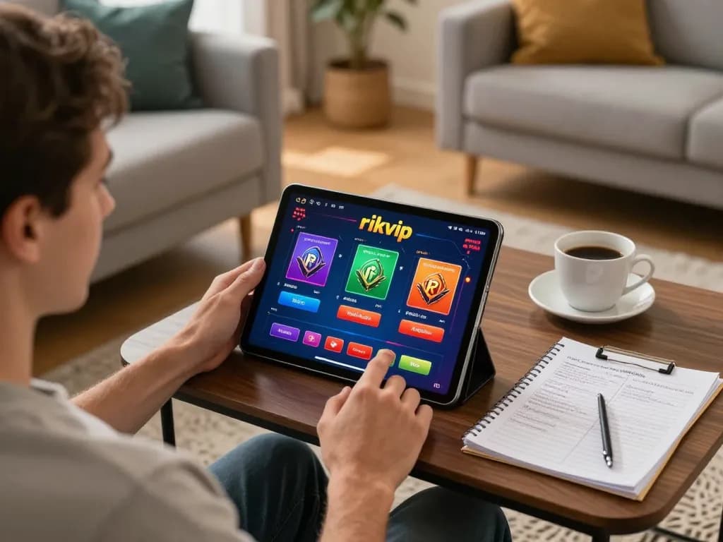 Player enjoying rikvip online casino game on tablet in cozy home setting.