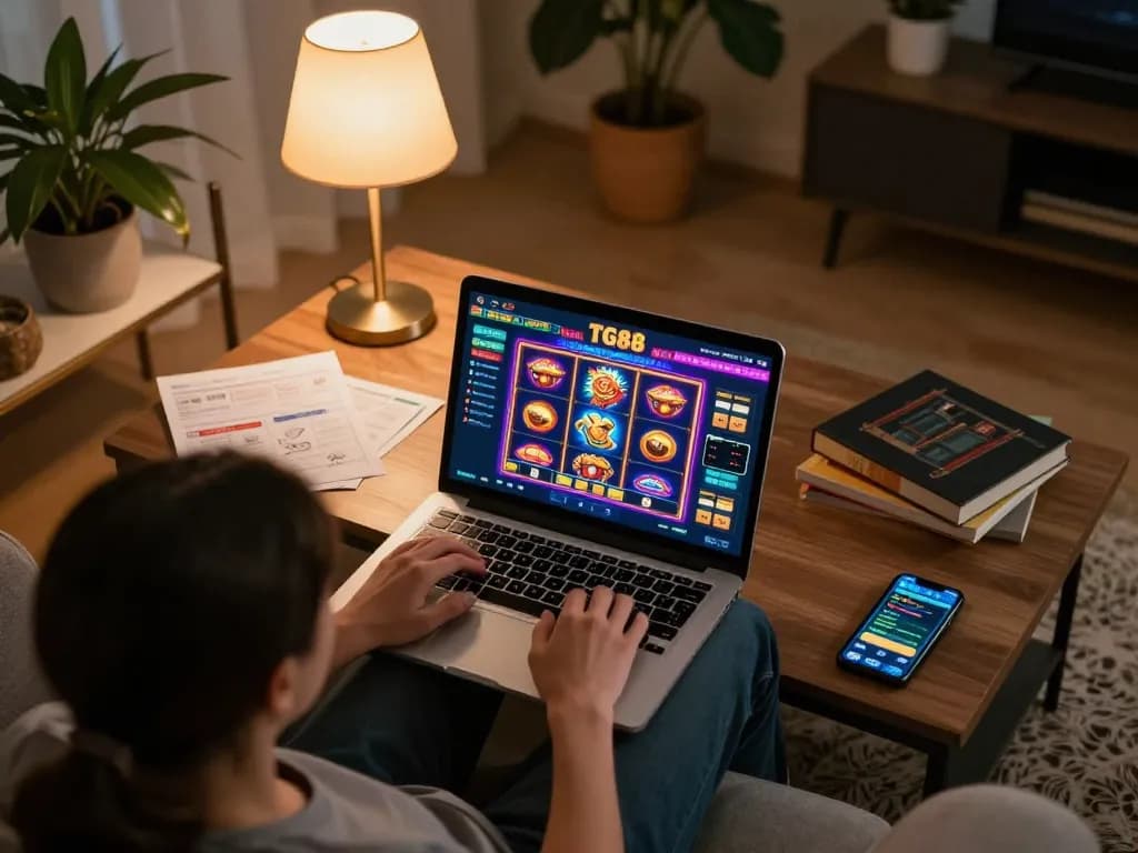 Experience engaging gameplay at TG88 casino with a player using a laptop in a cozy setting.