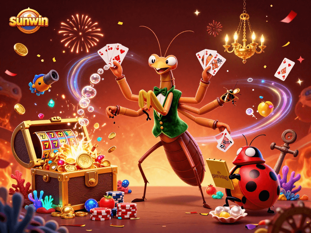 Experience thrilling gameplay at sunwin with a vibrant 3D casino scene featuring unique characters.