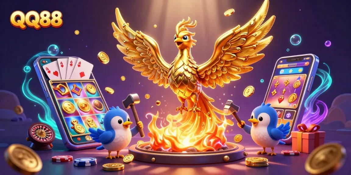 Experience thrilling gameplay at QQ88 with a golden phoenix rising amidst vibrant casino elements.