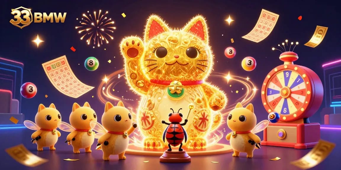 Experience the excitement of 33BMW through a 3D illustration featuring a golden cat and dynamic casino elements.