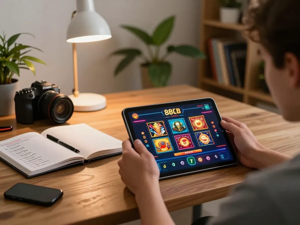 Online player enjoying 88clb casino games on a tablet in a cozy home setting