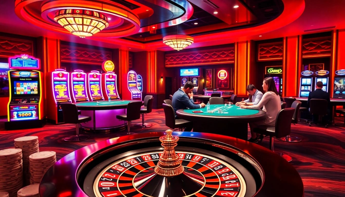 NK88 casino scene with players enjoying poker, vibrant slot machines, and roulette action.