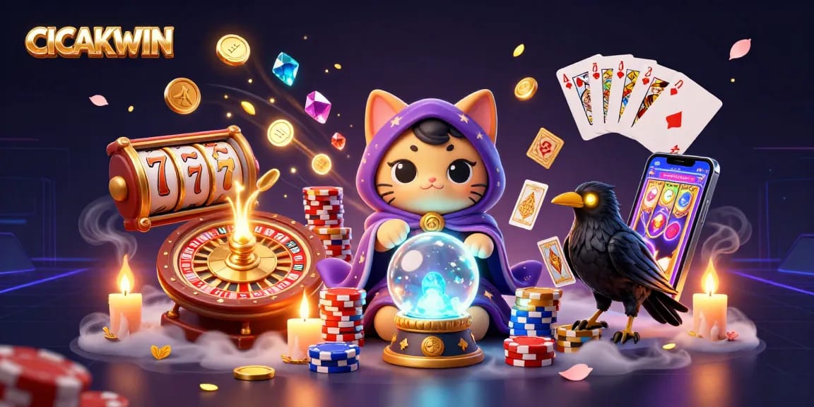 CICAKWIN engages players with a vibrant scene of a fortune teller cat, a tarot raven, and exciting gaming elements.