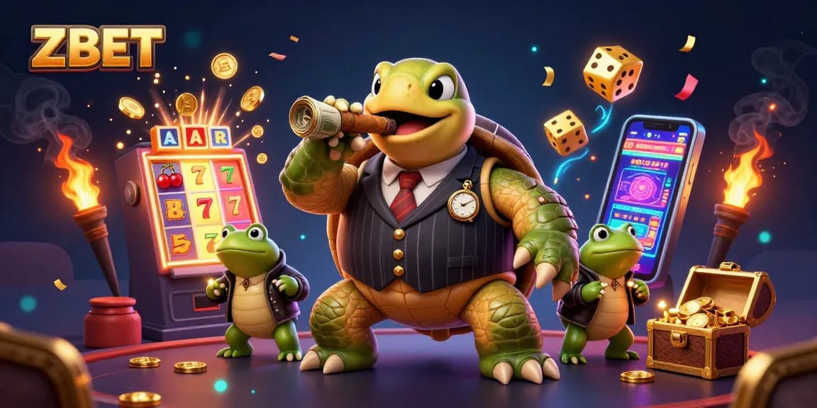ZBET brings exciting slots action to life with a vibrant 3D illustration featuring a snapping turtle and bullfrogs.