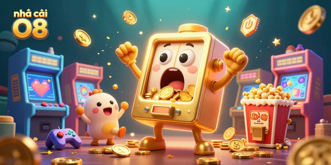 Experience the excitement of nhà cái O8 as a golden slot machine hits the jackpot amid dynamic casino elements.