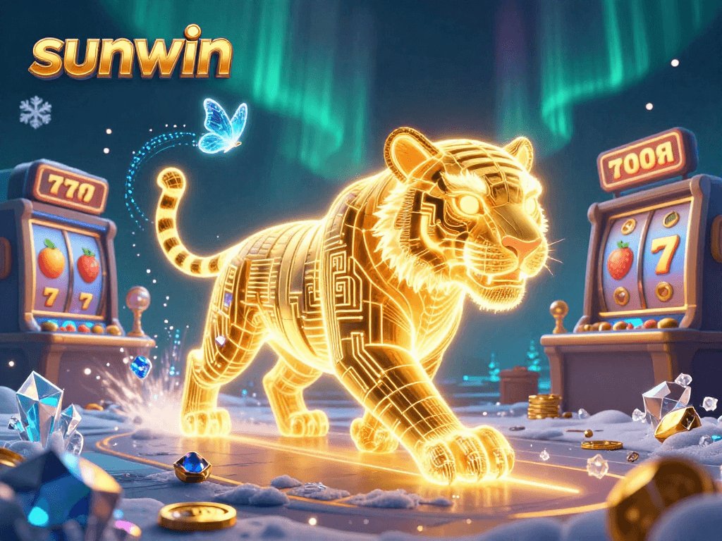 Experience sunwin's vibrant slots with a neon-wireframe tiger amid dynamic jackpots.