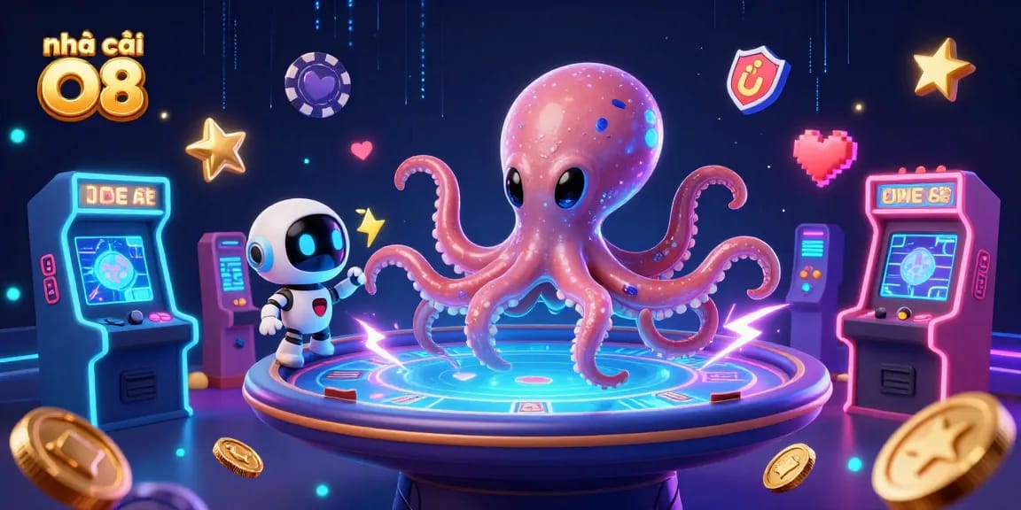 Engage with the vibrant world of nhà cái O8 featuring a cosmic octopus at a holographic poker table.