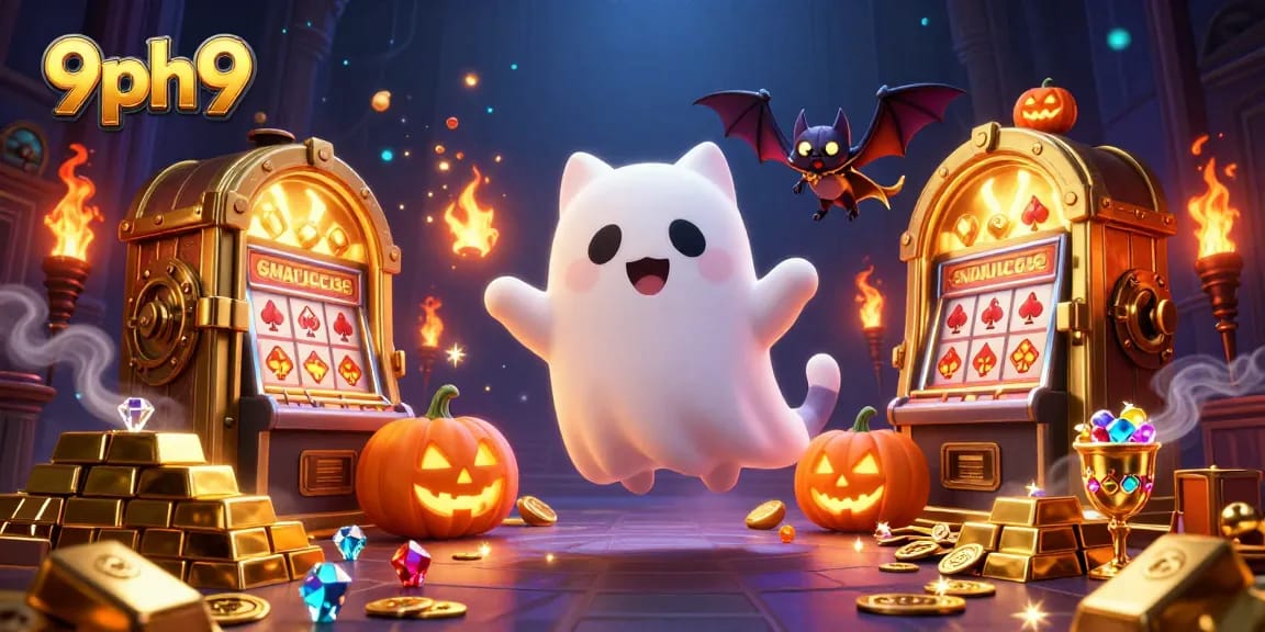 Capture the thrill of 9ph9 gaming with dynamic casino and ghostly characters in a vibrant haunted mansion.